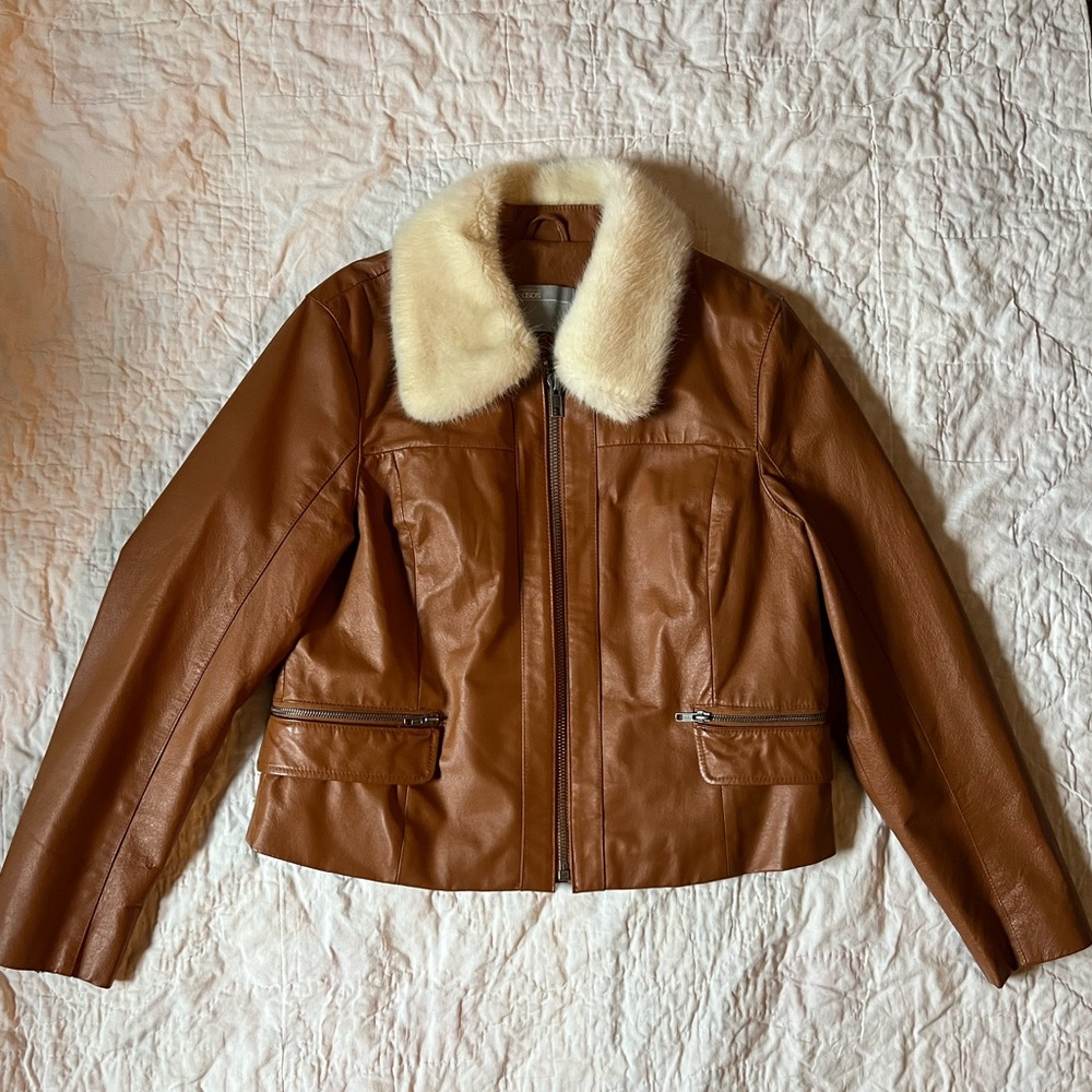 ASOS Cropped Leather Jacket with Faux Fur Collar